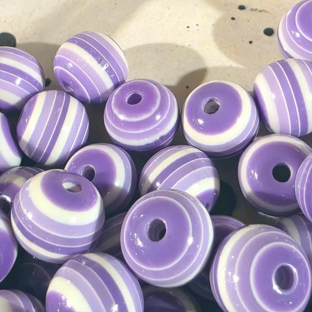 Vintage 70s Lucite Acrylic Striped 12mm Round Purple White Beads 10 pcs
